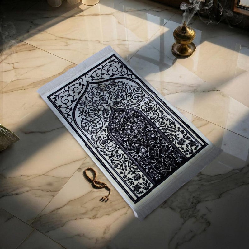 Melen Turkish Acrylic Prayer Rug – Rehab – Dark Navy Blue – Cream - Image 1